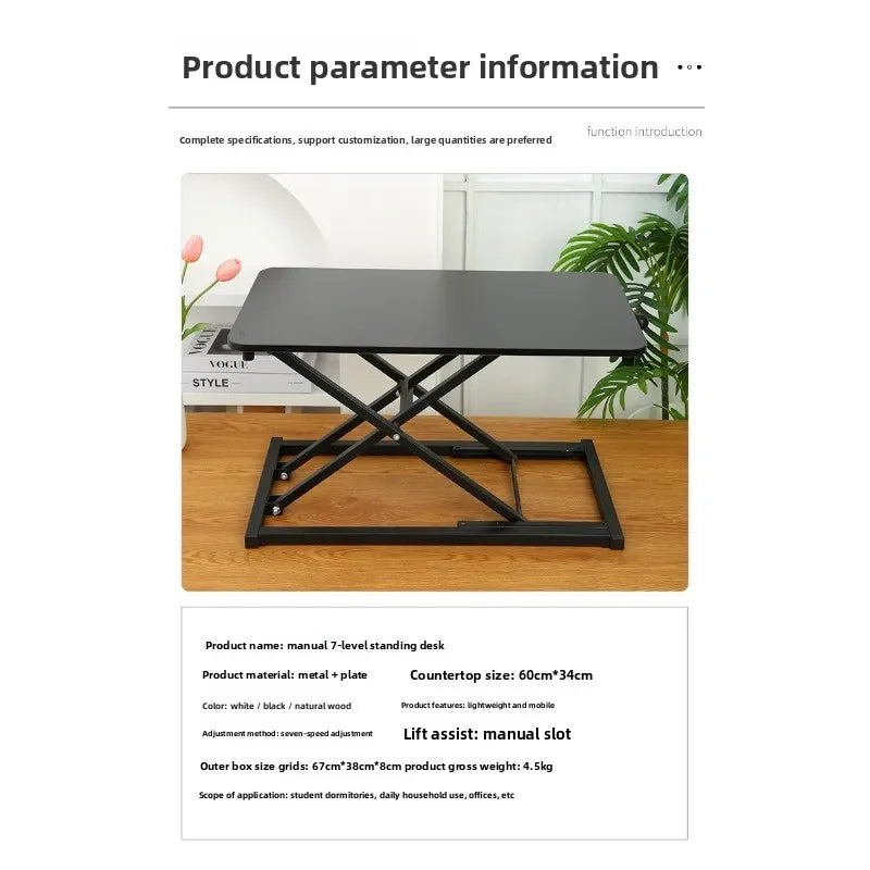 Manual Adjustable Laptop Stand Up Desk 7 Levels Ergonomic Standing Workstation for Home Office Notebook Computer Table