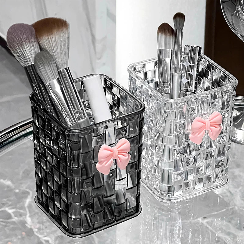 Desktop Pen Holder And Storage Box, Featuring A Bow Decoration And Storage Basket, Suitable For Storing Office Supplies